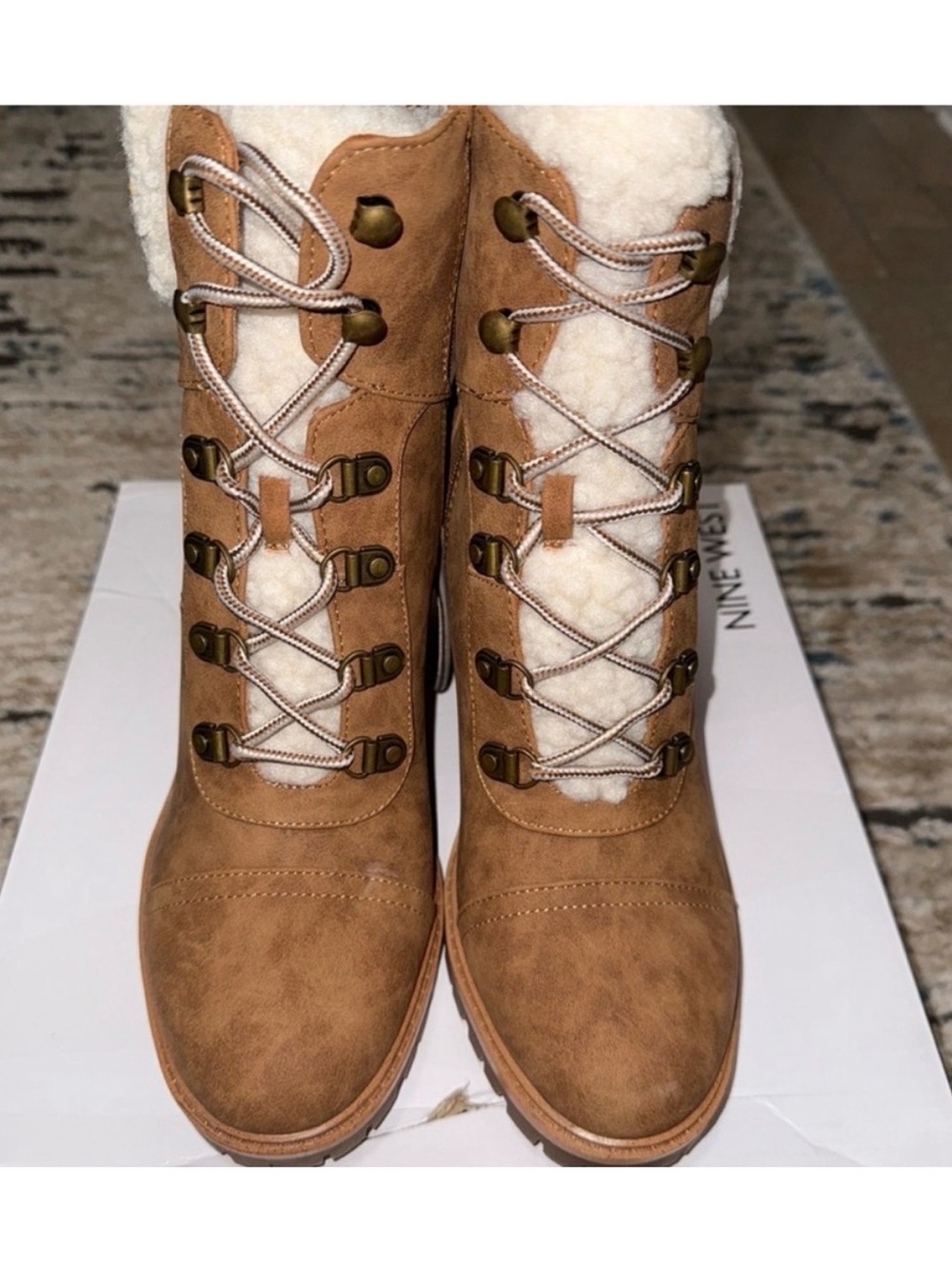 Nine West Brown Lace-Up Faux Suede Sherpa Boots